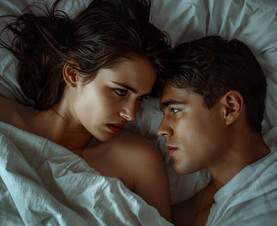  zdjęcie zdenerwowanej kobiety i mężczyzny na łóżku bo za szybko doszedł.